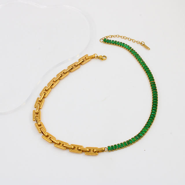 Delicate colorful rhinestone stainless steel chain Asymmetrical necklace bracelet set
