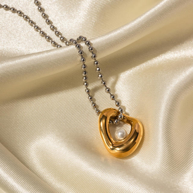 18KG two tone bead chain pearl pendant stainless steel necklace