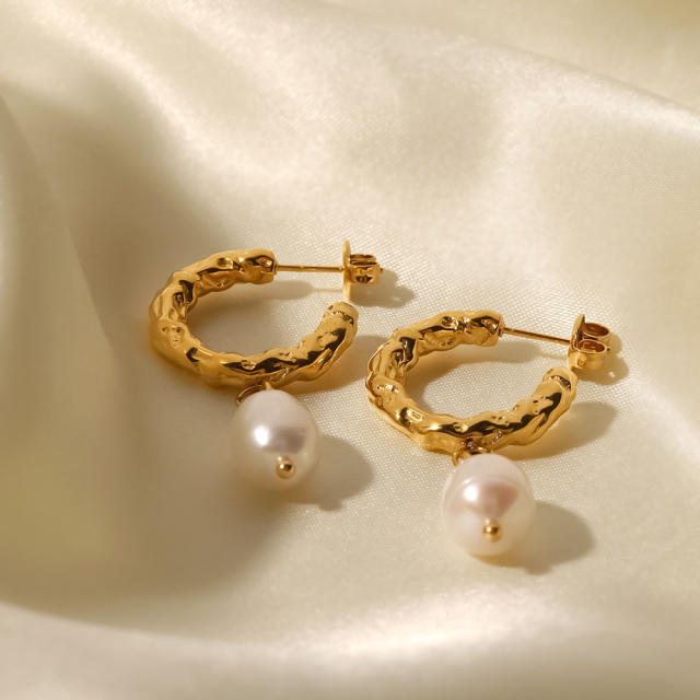 18KG water pearl drop stainless steel open hoop earrings