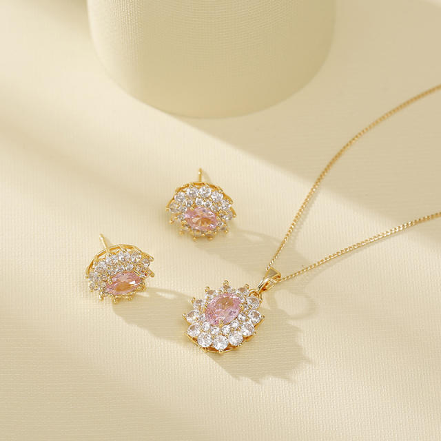 Delicate cubic zircon flower pendant gold plated copper necklace set