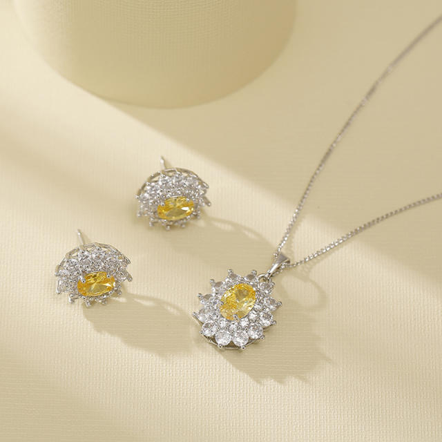 Delicate cubic zircon flower pendant gold plated copper necklace set