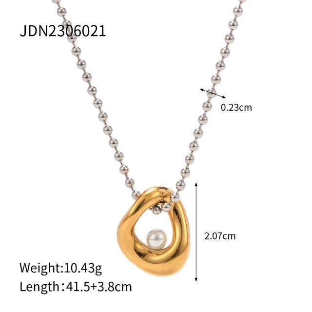 18KG two tone bead chain pearl pendant stainless steel necklace