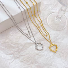Chic bamboo heart pendant two layer stainless steel necklace