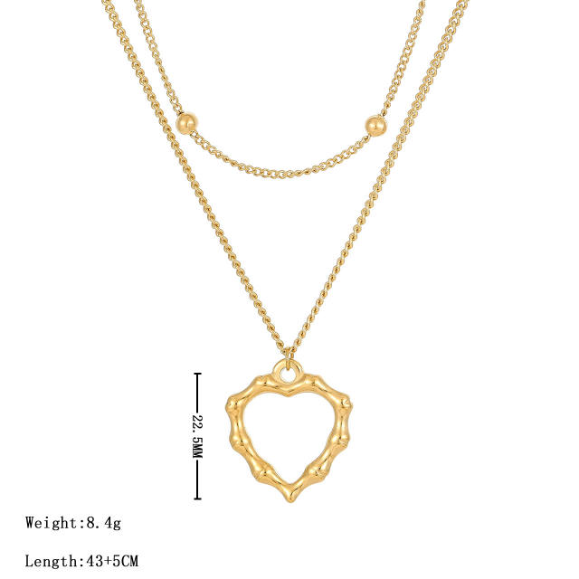 Chic bamboo heart pendant two layer stainless steel necklace