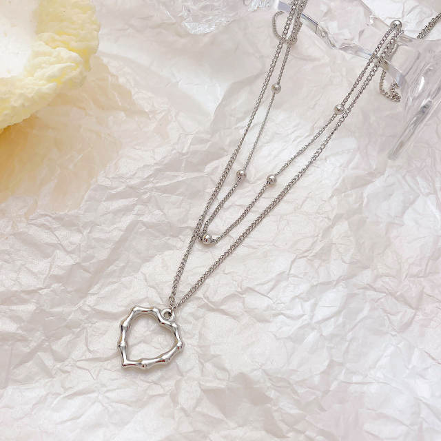 Chic bamboo heart pendant two layer stainless steel necklace