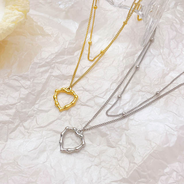 Chic bamboo heart pendant two layer stainless steel necklace