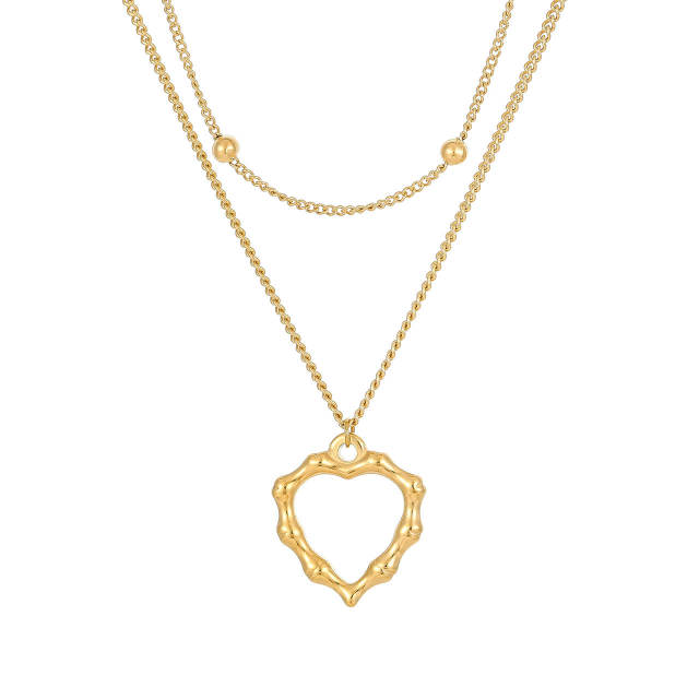 Chic bamboo heart pendant two layer stainless steel necklace