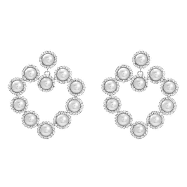 Super shiny pearl rhinestone hollow out heart dangle earrings wedding