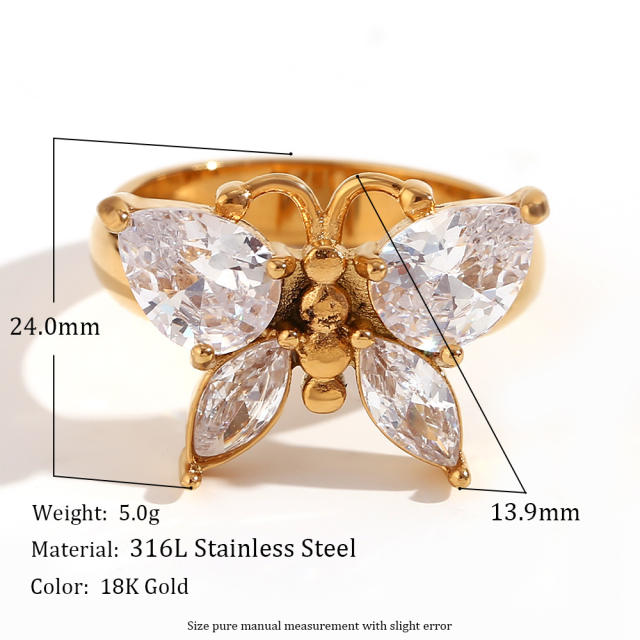 Personality 18KG diamond butterfly stainless steel finger rings