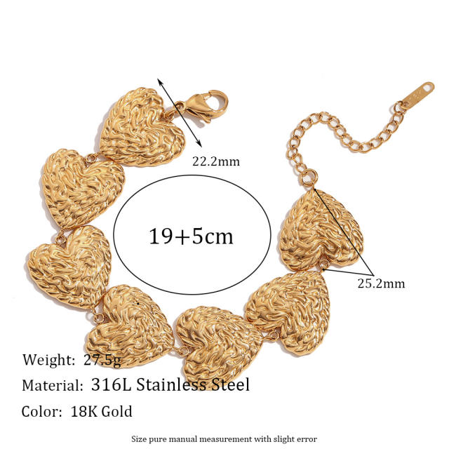 18KG Hammer pattern peach heart stainless steel bracelet earrings set