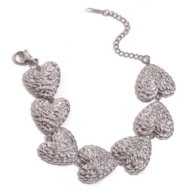 18KG Hammer pattern peach heart stainless steel bracelet earrings set