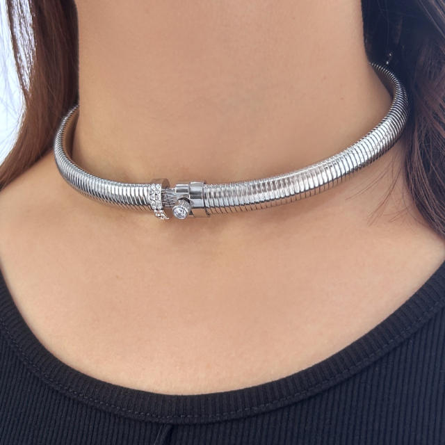 18KG cubic zircon wireless two tone stainless steel choker necklace bangle