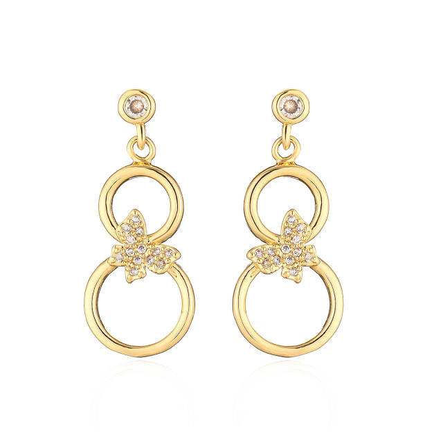 18K real gold plated diamond butterfly geometric circle dangle earrings