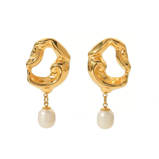 18KG lave series water pearl drop stainless steel earrings