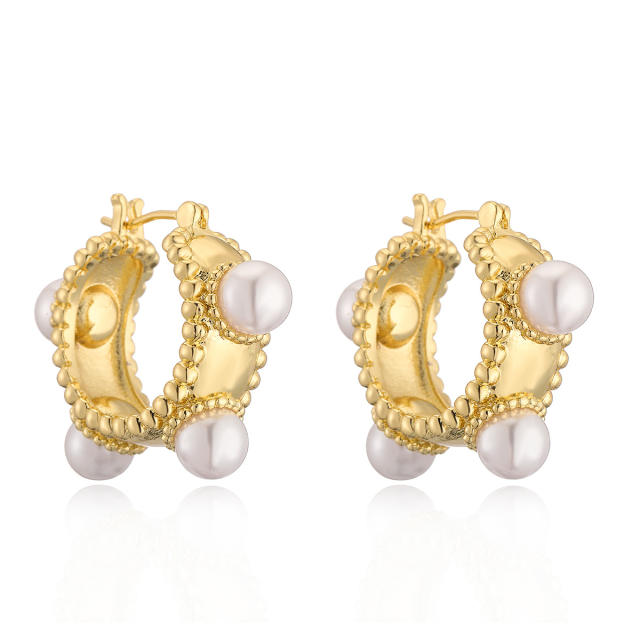 Real gold plated copper pearl bead small hoop women earrings