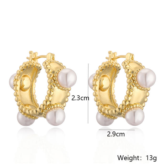 Real gold plated copper pearl bead small hoop women earrings