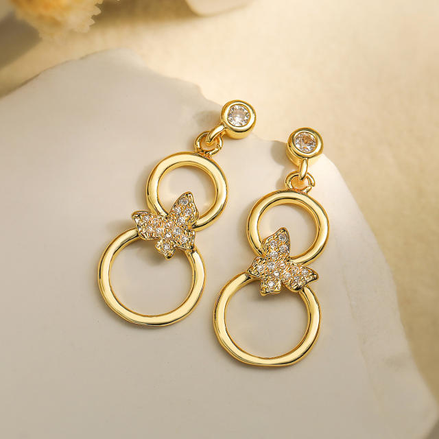 18K real gold plated diamond butterfly geometric circle dangle earrings