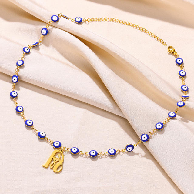 Blue color evil eye bead monogram letter initial letter stainless steel necklace