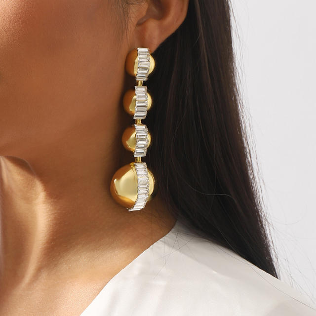 Chunky gold color ball bead rhinestone chain dangle earrings