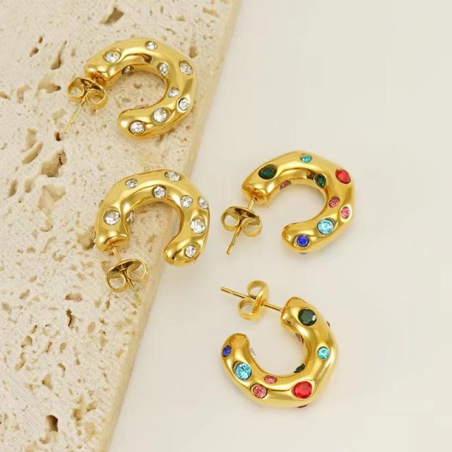 Popular pearl rhinestone setting geometric open hoop stainless steel earrings