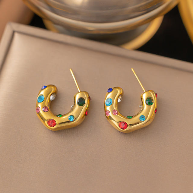 Popular pearl rhinestone setting geometric open hoop stainless steel earrings