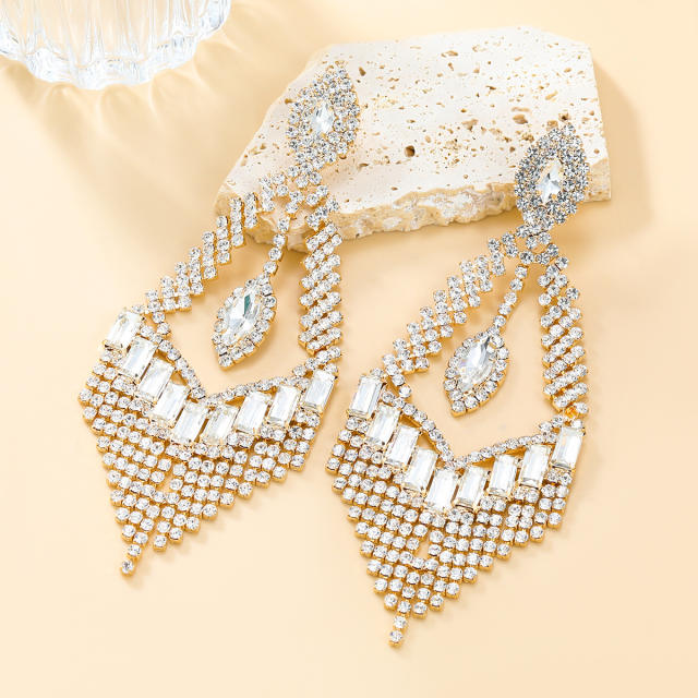 Luxury pave setting rhinestone tassel dangle diamond earrings wedding party earrings