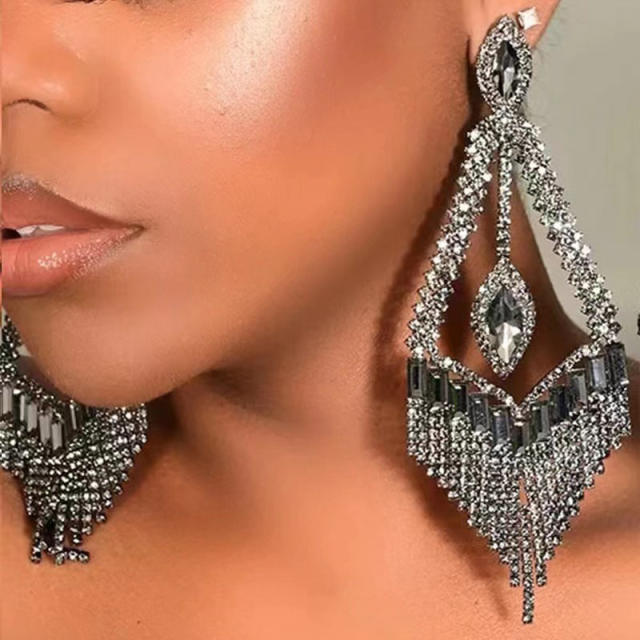 Luxury pave setting rhinestone tassel dangle diamond earrings wedding party earrings