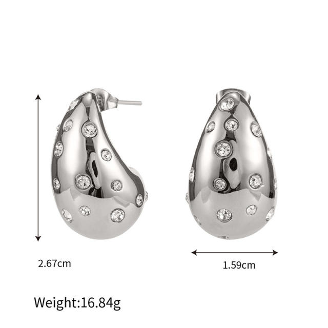 Chunky rhinestone setting water drop hot sale stainless steel earrings