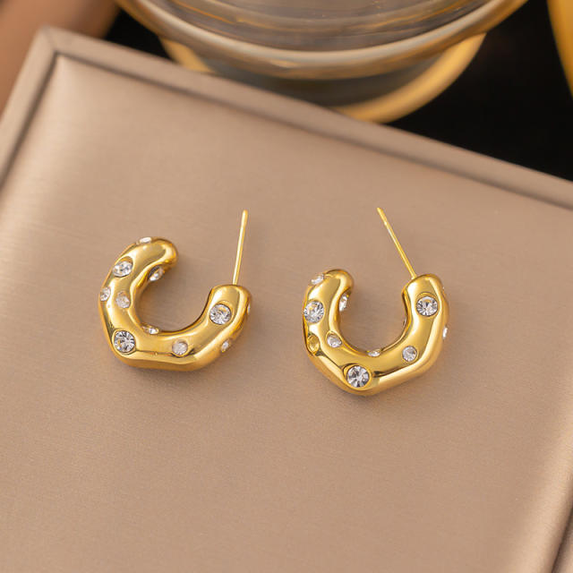 Popular pearl rhinestone setting geometric open hoop stainless steel earrings