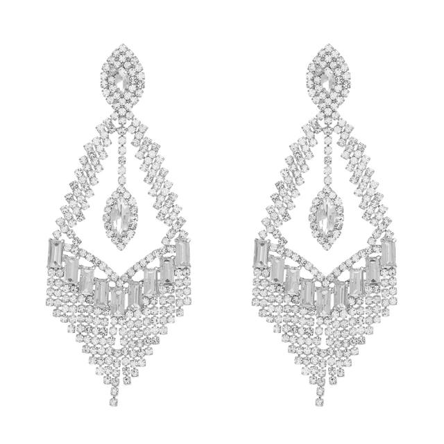 Luxury pave setting rhinestone tassel dangle diamond earrings wedding party earrings
