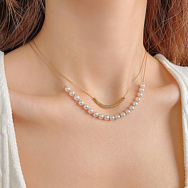 Chic two layer stainless steel bead pearl bead women necklace