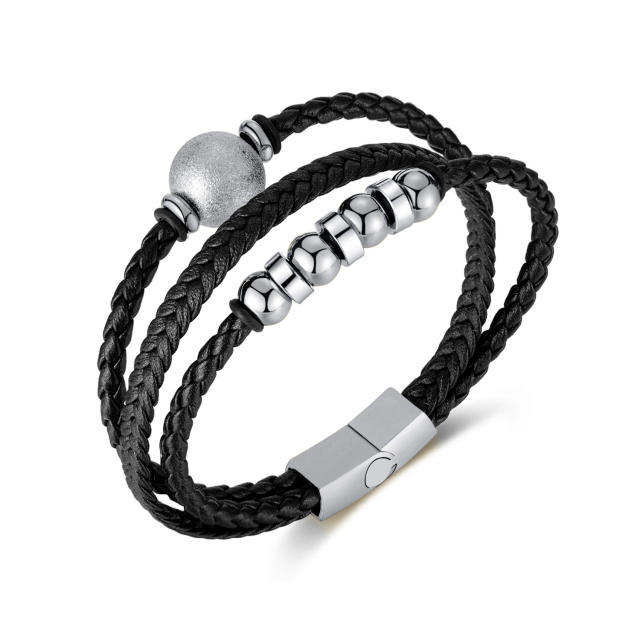 Vintage stainless steel ball bead PU leather multi layer bracelet for men