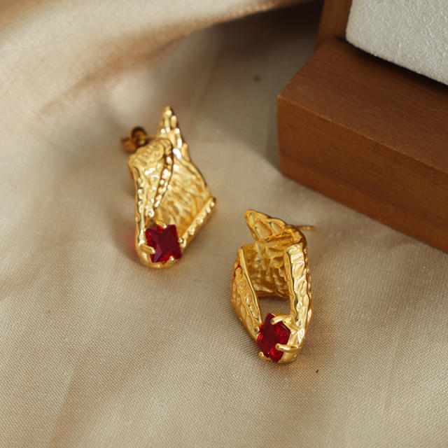 18KG beach trend conch shape red cubic zircon stainless steel earrings