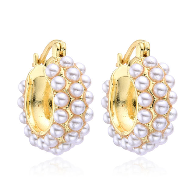 Korean fashion imitation pearl bead gold plated copper hoop earrings