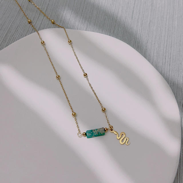 Dainty natural stone bar necklace with stainless steel flash sun snake stainless steel neckace