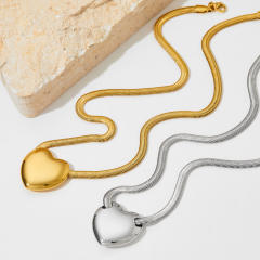 Chunky heart pendant snake chain stainless steel necklace