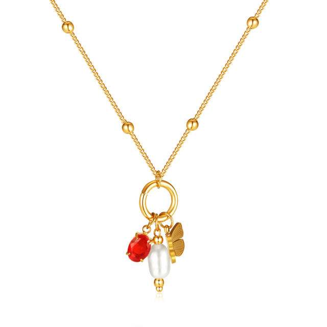 INS concise red crystal butterfly pearl peandant stainless steel necklace
