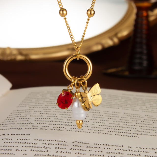 INS concise red crystal butterfly pearl peandant stainless steel necklace