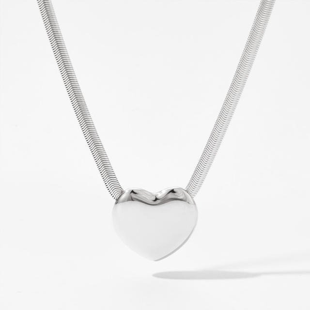 Chunky heart pendant snake chain stainless steel necklace