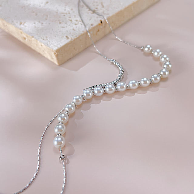 Chic two layer stainless steel bead pearl bead women necklace