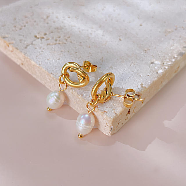 Water pearl drop knotted stainless steel earrings