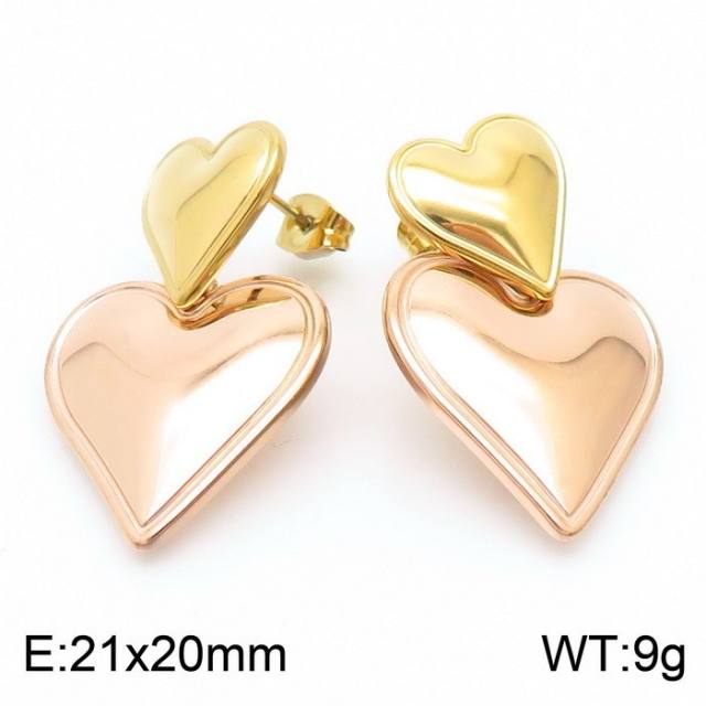 Concise classic heart two tone stainless steel earrings