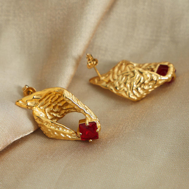 18KG beach trend conch shape red cubic zircon stainless steel earrings