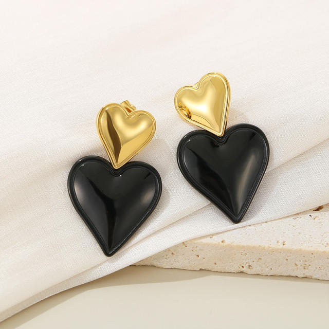 Concise classic heart two tone stainless steel earrings