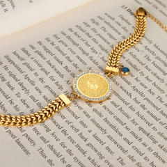 Vintage evil eye coin chunky stainless steel chain bracelet