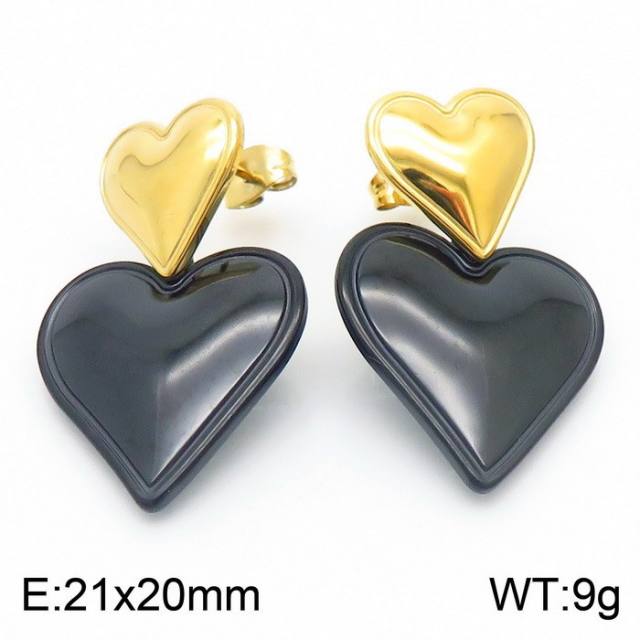 Concise classic heart two tone stainless steel earrings