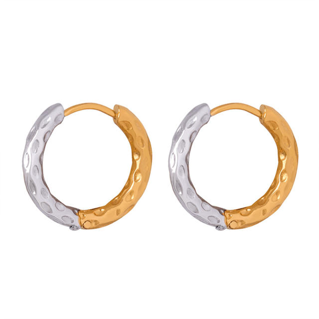 Two tone Hammer pattern small hoop stainless steel earrings