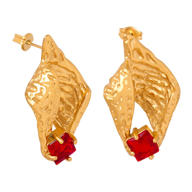 18KG beach trend conch shape red cubic zircon stainless steel earrings