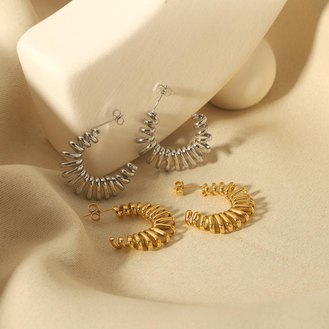 18KG open hoop unique spring design stainless steel earrings
