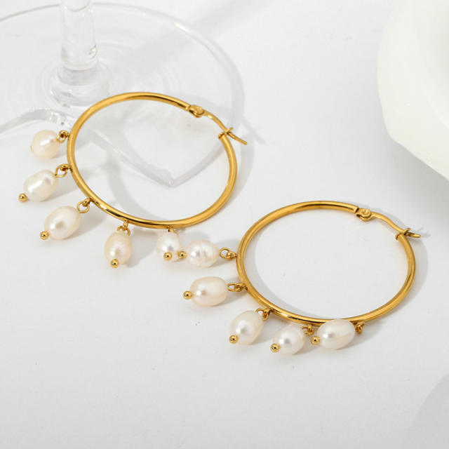 18KG water pearl drop big hoop stainless steel earrings